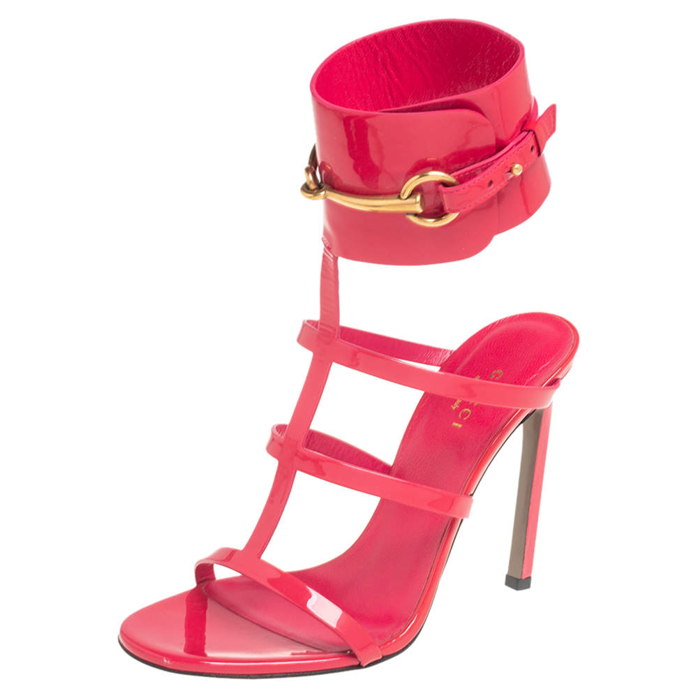 Pre Owned Gucci Pink Patent Leather Ursula Horsebit Ankle-Strap Sandals Size 37.5