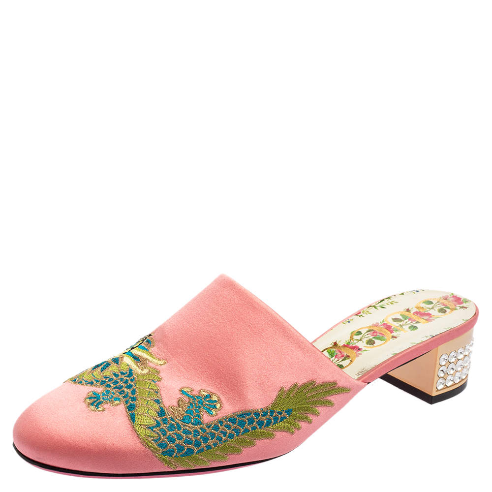 Gucci Pink Satin Dragon Embroidery Slide Sandals Size 38