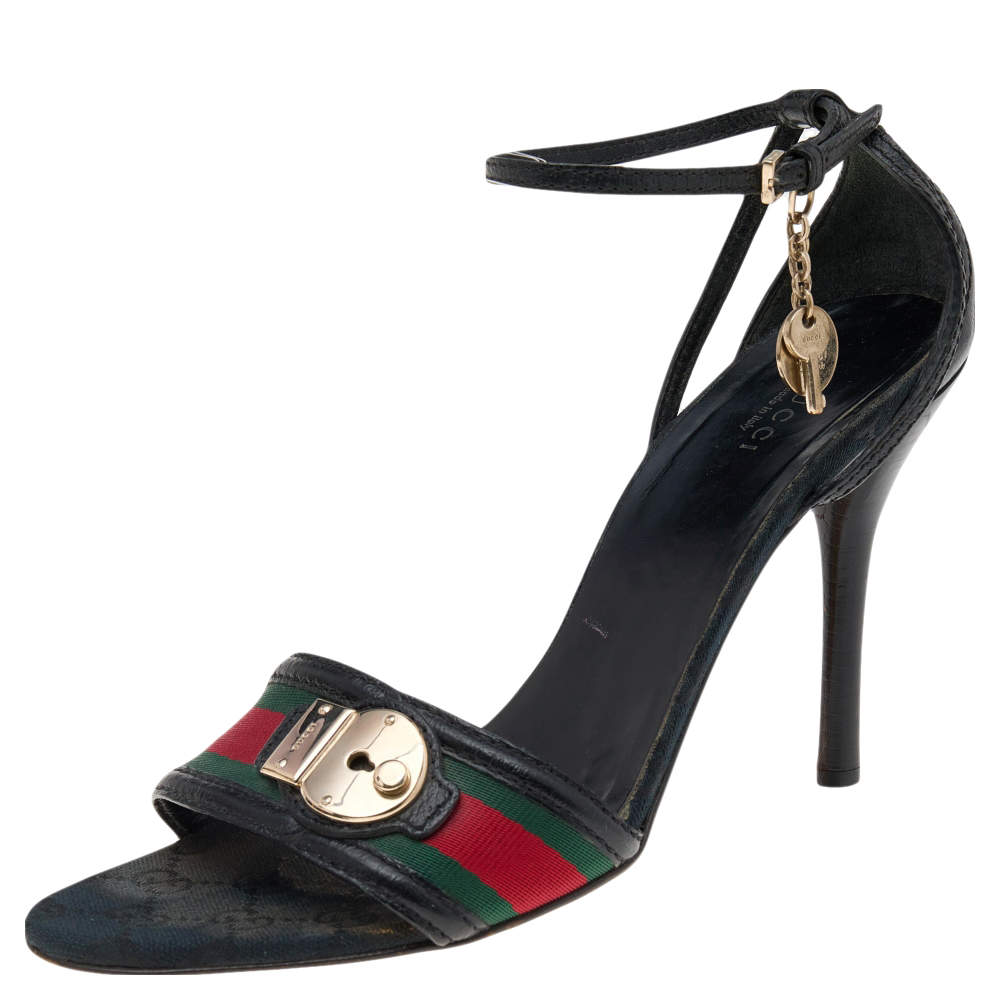 Pre Owned Gucci Black Leather And Web Ankle Strap Sandals Size 40.5