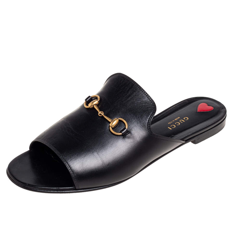 Gucci Black Leather Malaga Horsebit Flat Slides Size 41 Gucci | The ...