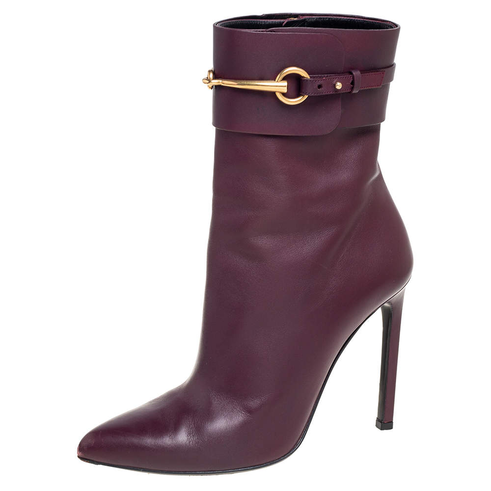 Pre Owned Gucci Burgundy Leather Horsebit Ursula Mid-Calf Boots Size 38.5
