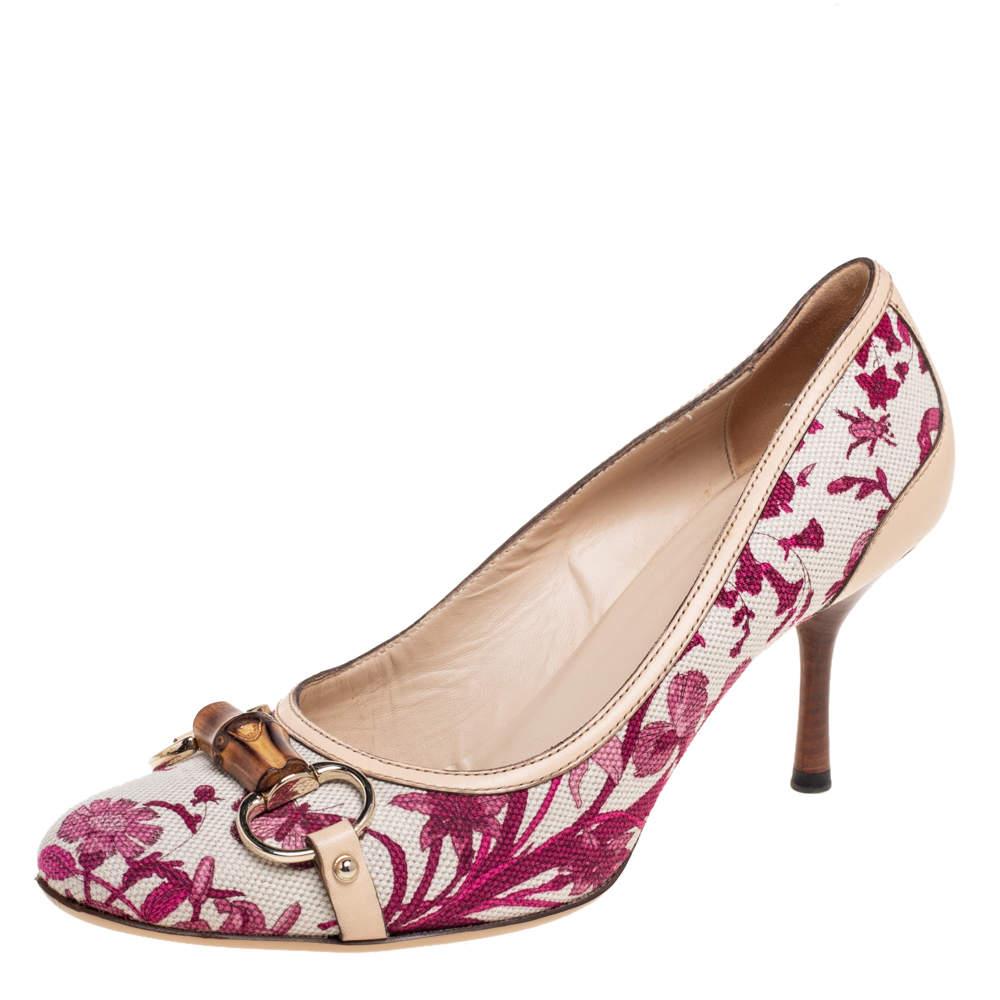 Pre Owned Gucci White Canvas And Leather Floral Print Bamboo Horsebit Pumps Size 38.5