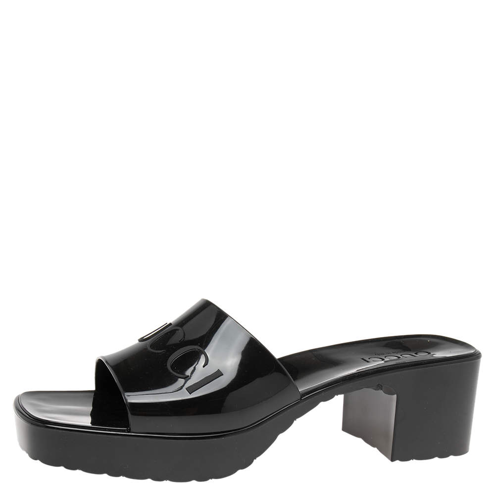 Pre Owned Gucci Black Rubber Block Heel Open Toe Sandals Size 39
