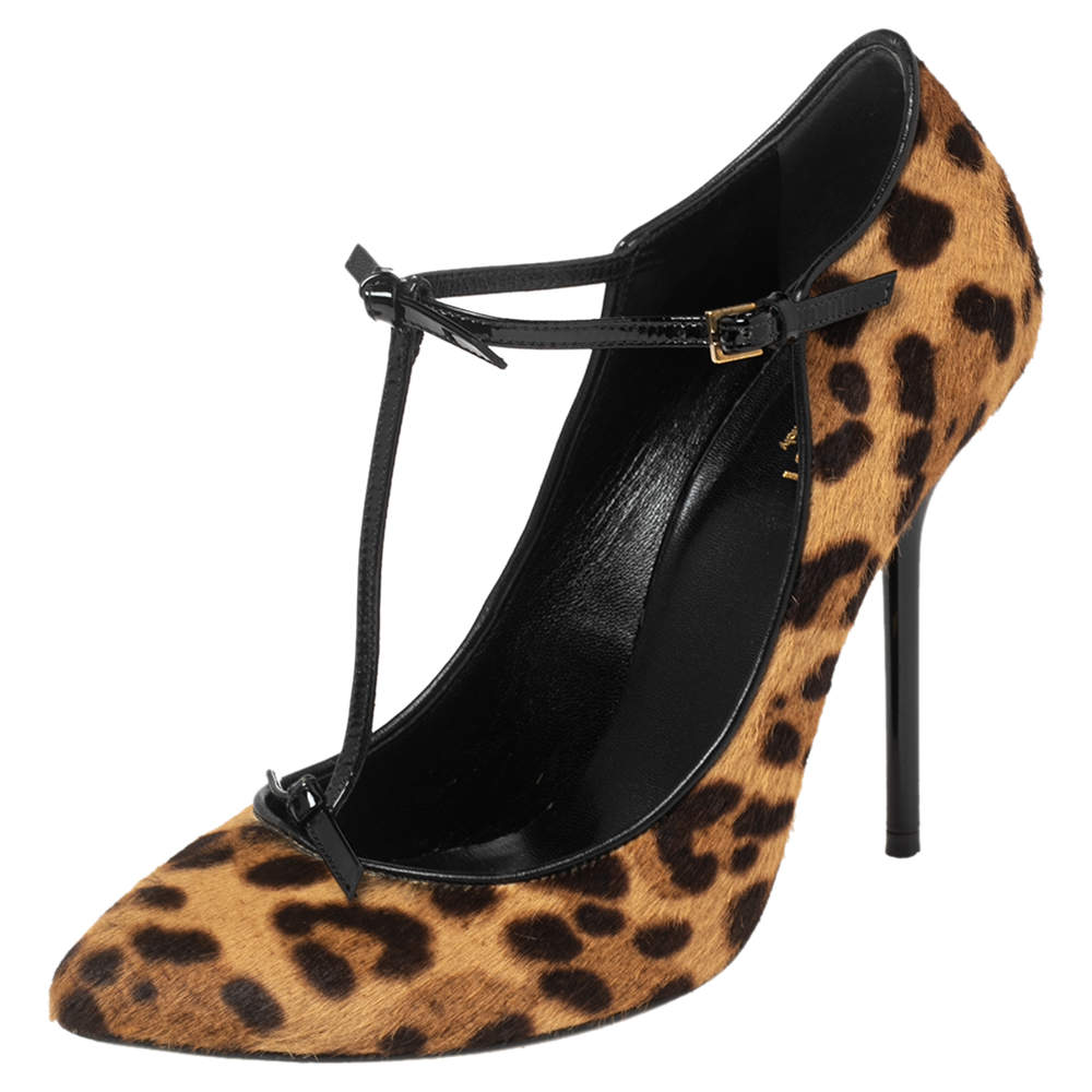 مملوكة مسبقًا Gucci Brown/Beige Leopard Print Calf Hair Beverly T-Strap Pumps Size 37