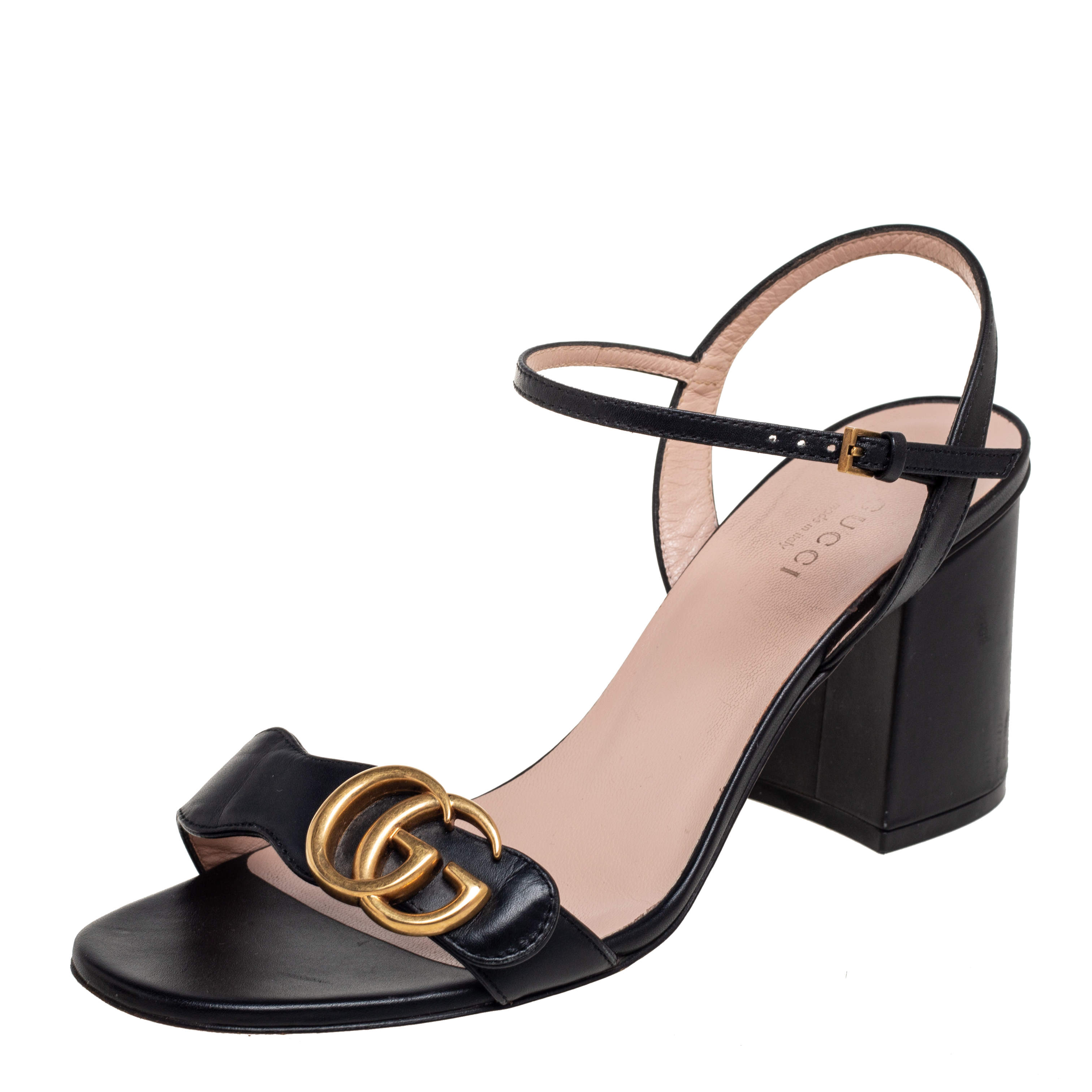 مملوكة مسبقًا Gucci Black Leather GG Marmont Ankle Strap Sandals Size 38