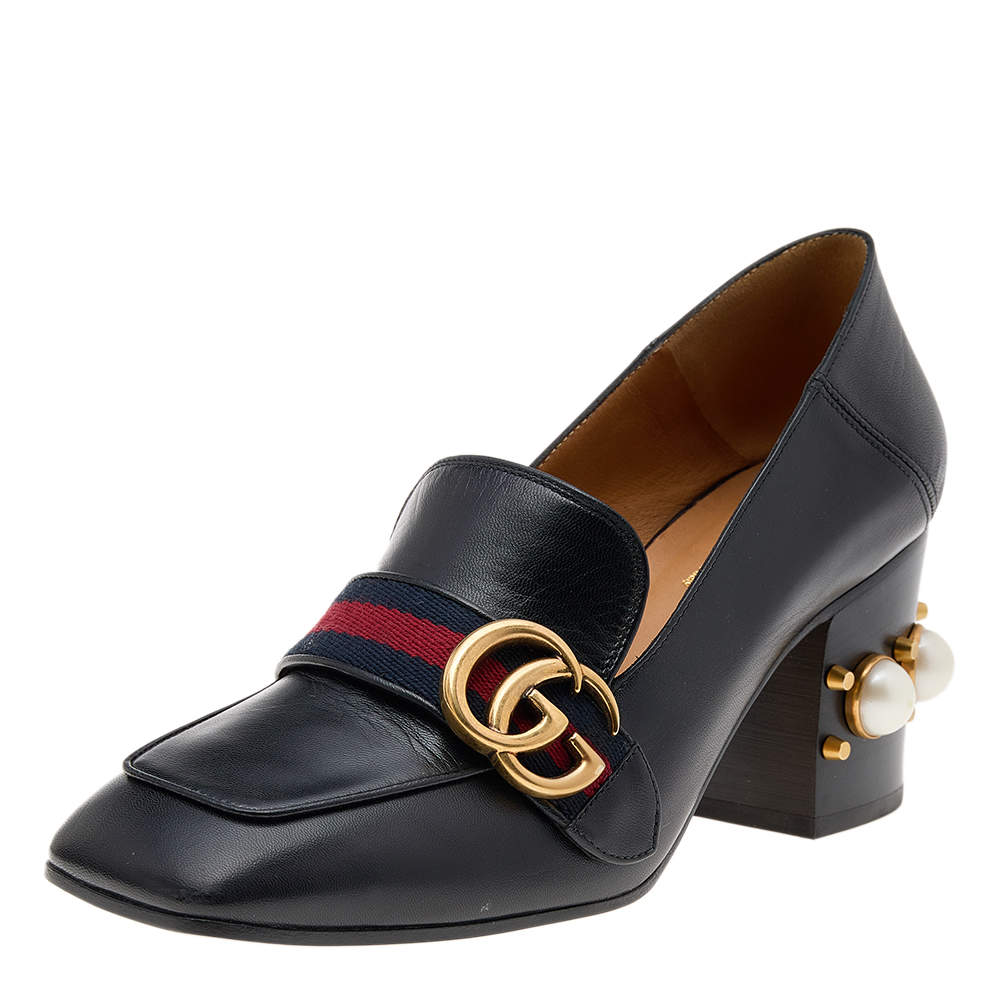 Pre Owned Gucci Black Leather Pearl Embellished Double G Web Mid Heel Loafer Pumps Size 37.5