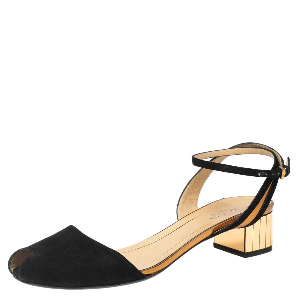 Pre Owned Gucci Black/Gold Suede Peep-Toe Block Heel Ankle-Strap Sandals Size 37.5 