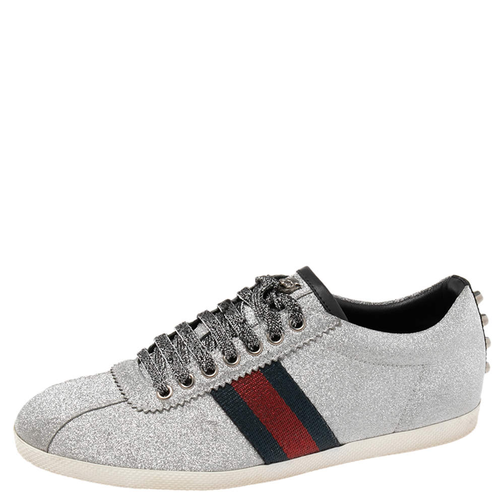 Pre Owned حذاء رياضي غوتشي  ويب ميتالك فضي مزين غليترعنق منخفض مقاس 40