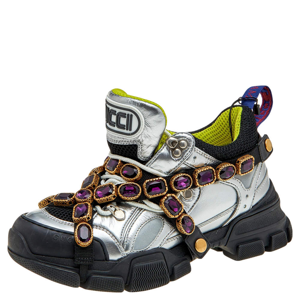 Pre Owned Gucci Multicolor Leather And Mesh Flashtrek Removable Crystals Sneakers Size 38