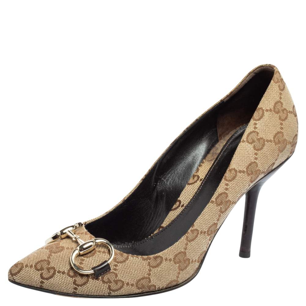 Pre Owned Gucci Beige GG Canvas Horsebit Pointed Toe Pumps Size 38