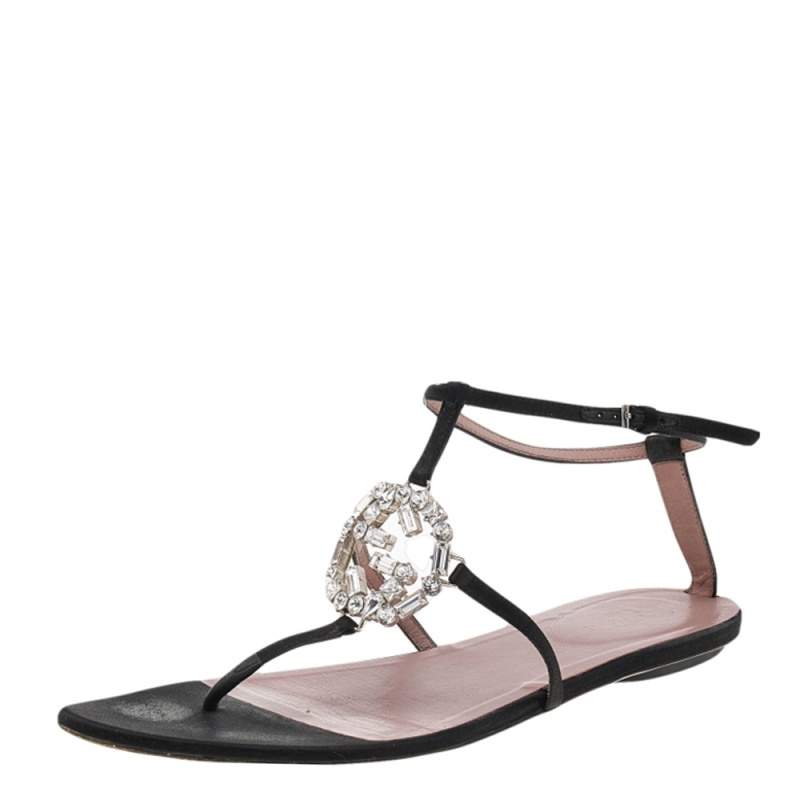 Pre Owned Gucci Black Satin GG Interlocking Crystal Embellished Ankle Strap Flat Sandals Size 40