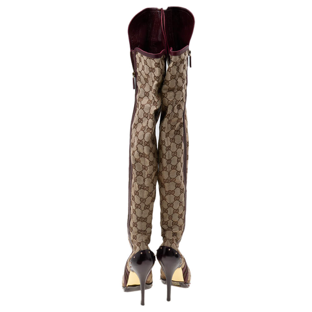 Gucci Beige/Burgundy GG Canvas And Leather Thigh High Boots Size