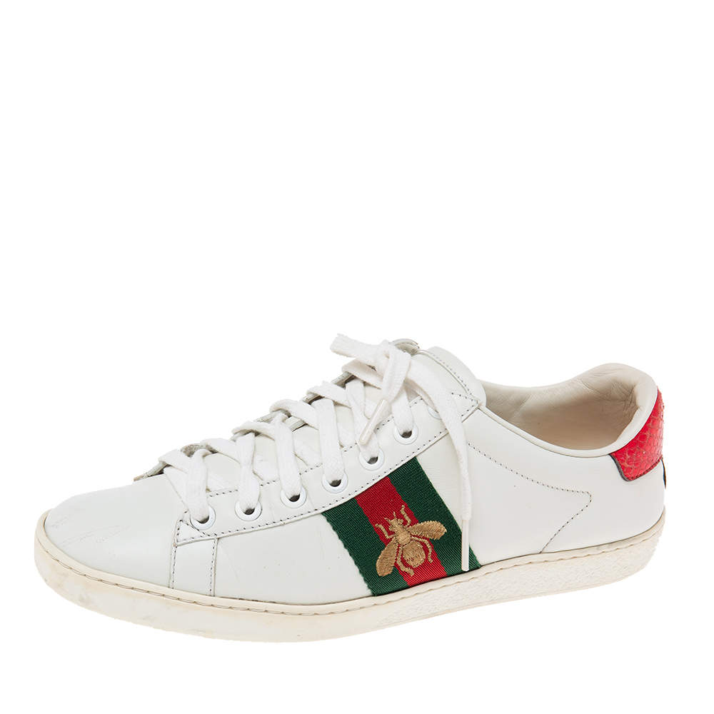 مملوكة مسبقًا حذاء رياضي غوتشي ايس جلد أبيض مطرز نحلة منخفض من أعلى مقاس 35.5