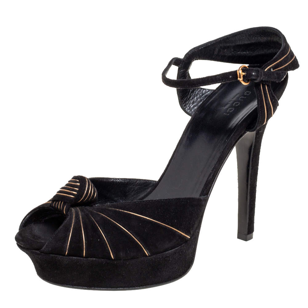 Gucci Black/Gold Suede Kelly Knot Ankle-Strap Platform Sandals Size 40 ...