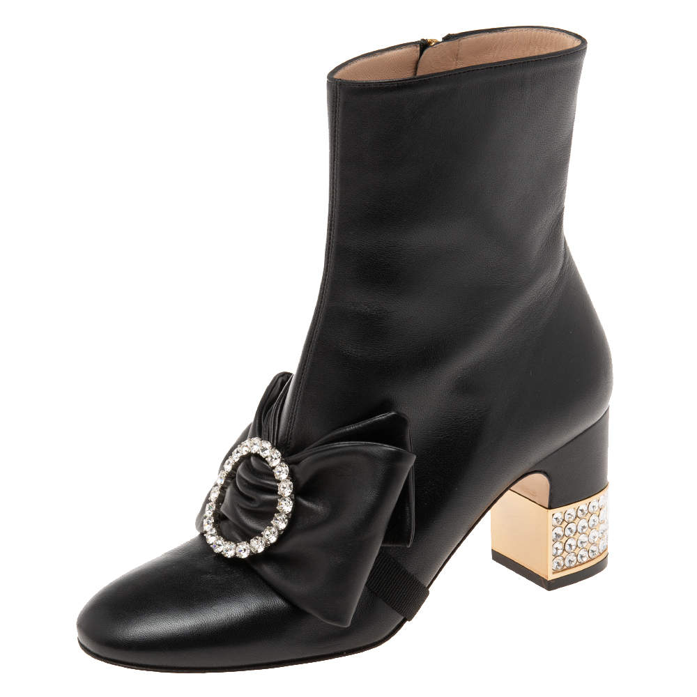 Pre Owned Gucci Black Leather Bow Ankle Boots Size 37
