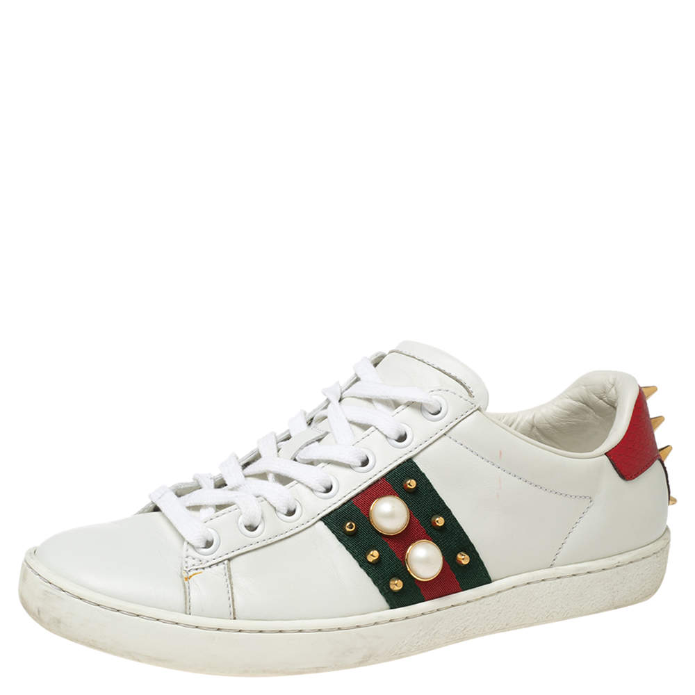Pre Owned Gucci White Leather Studded Web Ace Sneakers Size 36.5