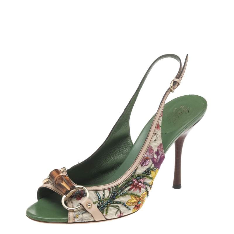 مملوكة مسبقًا Gucci Multicolor Floral Print Canvas Horsebit Embellished Slingback Sandals Size 41