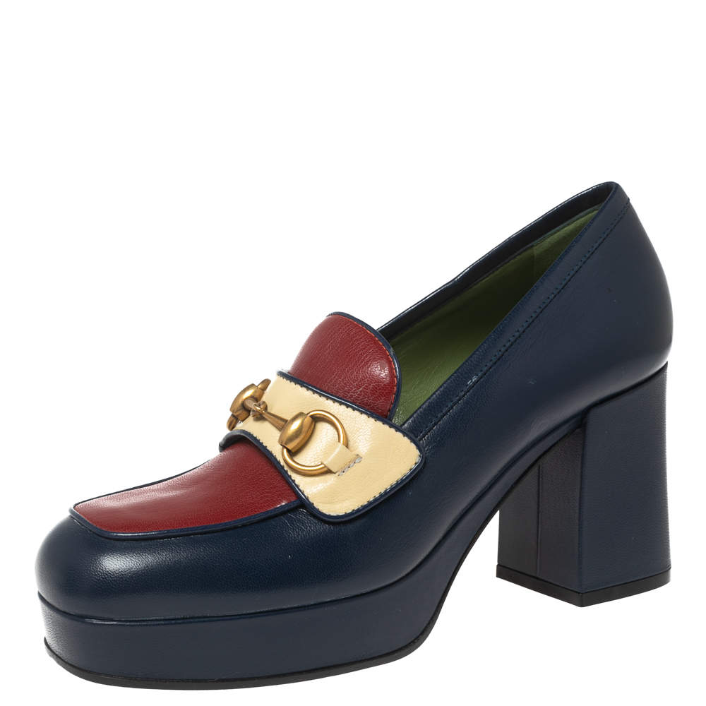 Pre Owned حذاء كعب عالي لوفرز غوتشي جلد ثلاثي اللون مزين هورسبيت نعل سميك مقاس 38