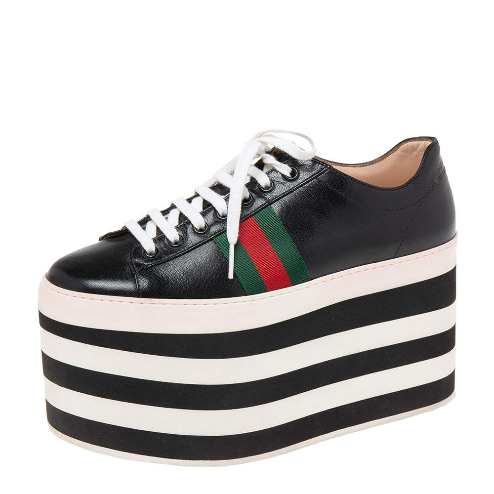 Pre Owned Gucci Black Leather Peggy Wedge Platform Sneakers Size 38