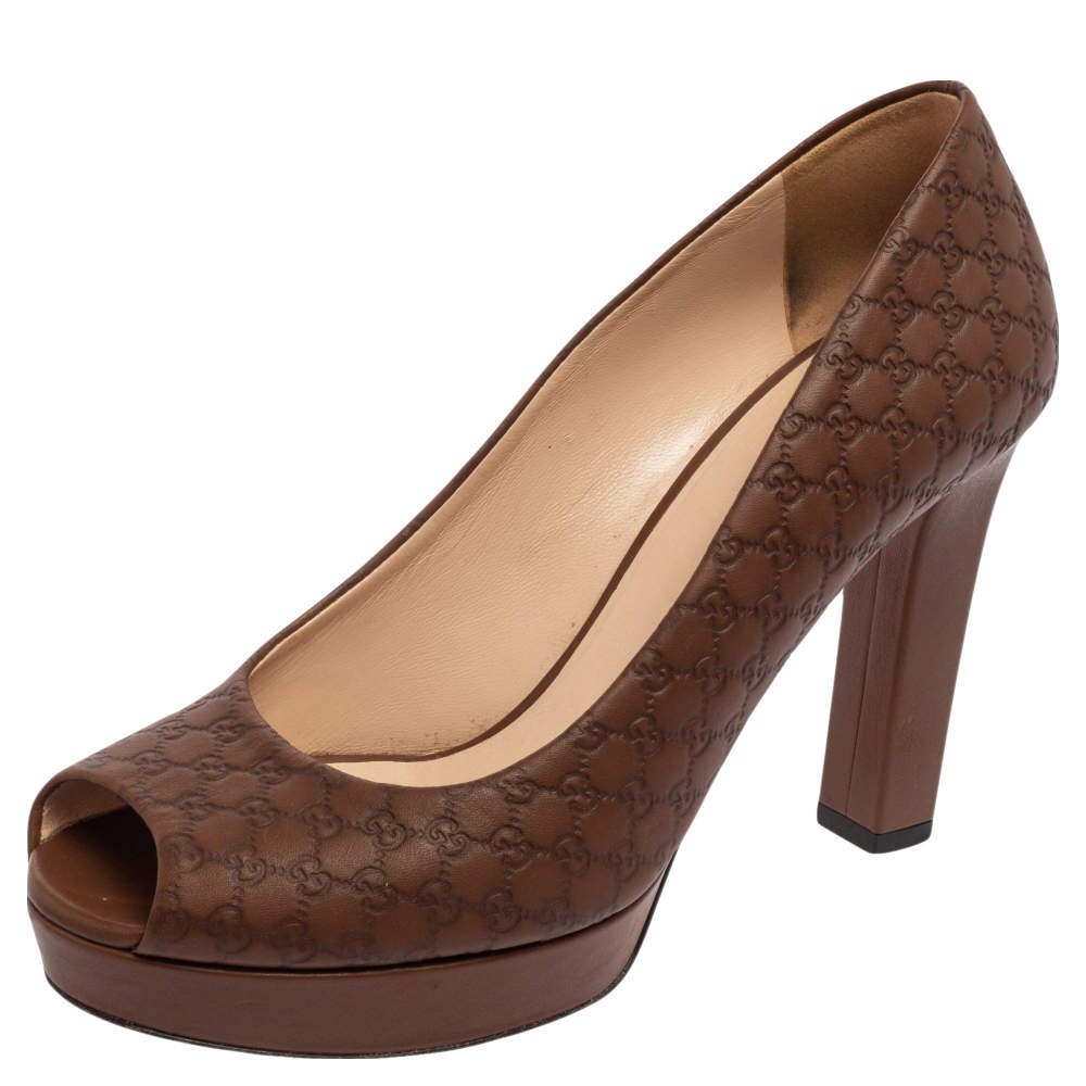 Pre Owned Gucci Brown Guccissima Leather Peep Toe Platform Pumps Size 37.5