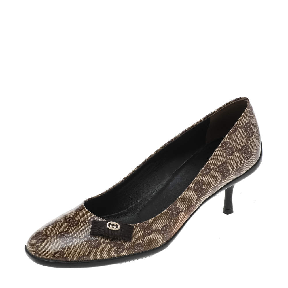 Pre Owned حذاء كعب عالي غوتشي كانفاس جي جي كريستال بني/بيج مزين فيونكة مقاس 38