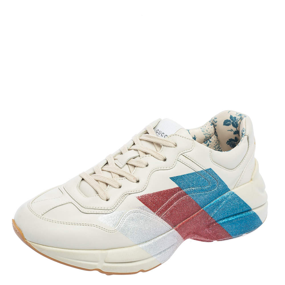 Pre Owned حذاء رياضي غوتشي ويب ريتون غليتر جلد كريمي عنق منخفض مقاس 38.5