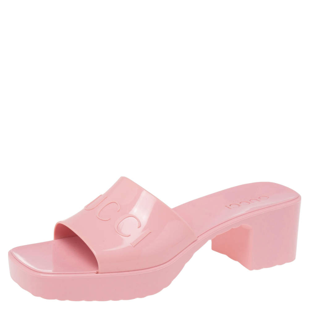 Pre Owned Gucci Pink Rubber Platform Slide Sandals Size 38