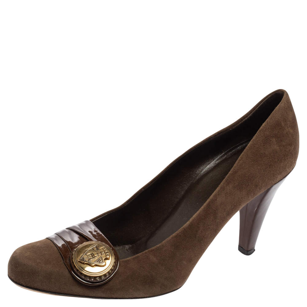 Gucci Brown Suede And Pleated Patent Leather Logo Buckle Pumps Size 38.5