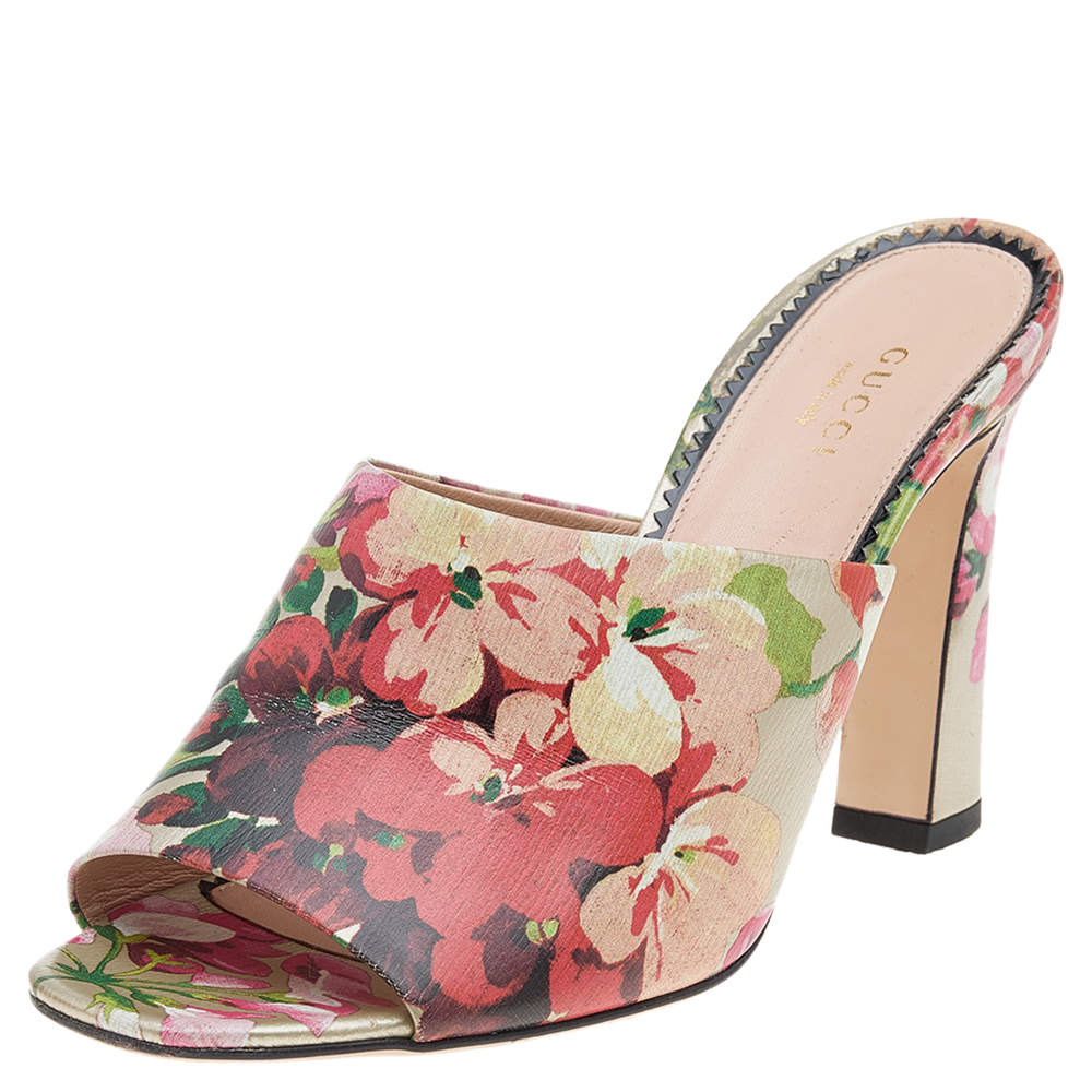 Pre Owned Gucci Multicolor Bloom Print Leather Slide Sandals Size 39