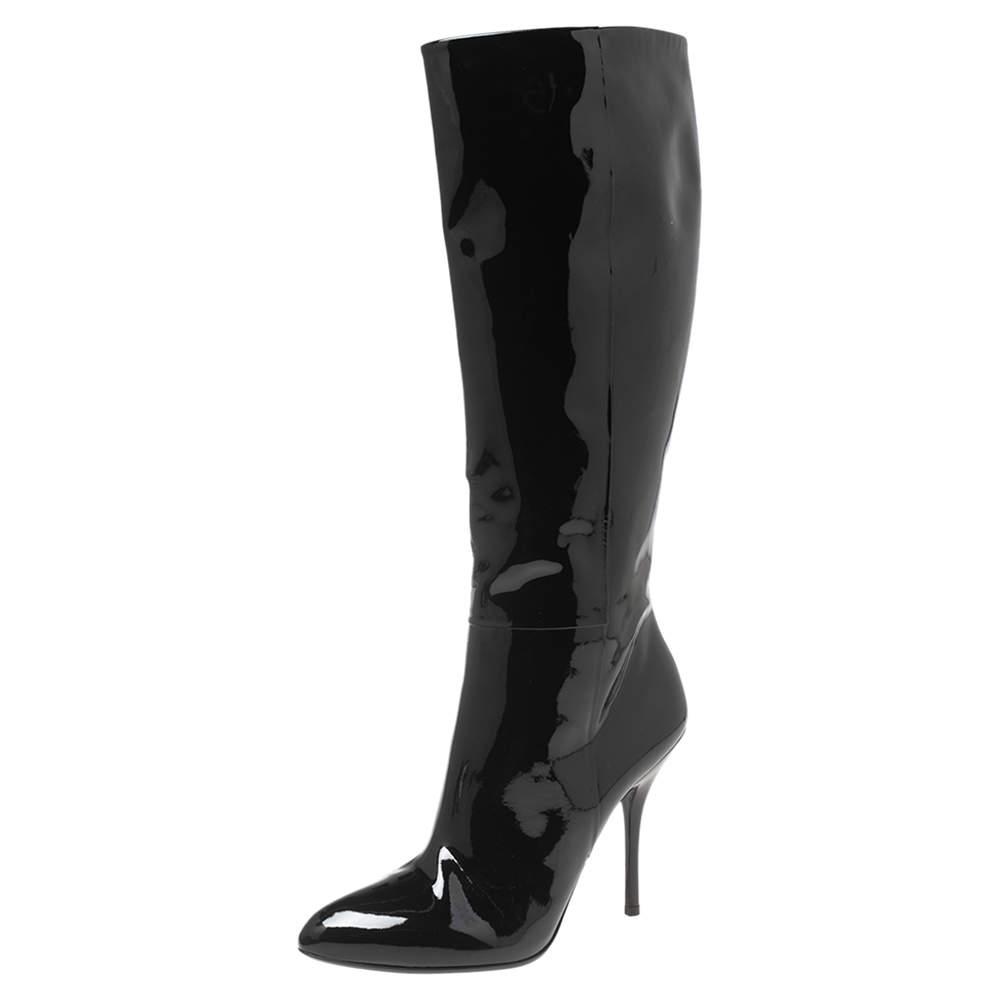Pre Owned Gucci Black Patent Leather Knee Length Boots Size 41
