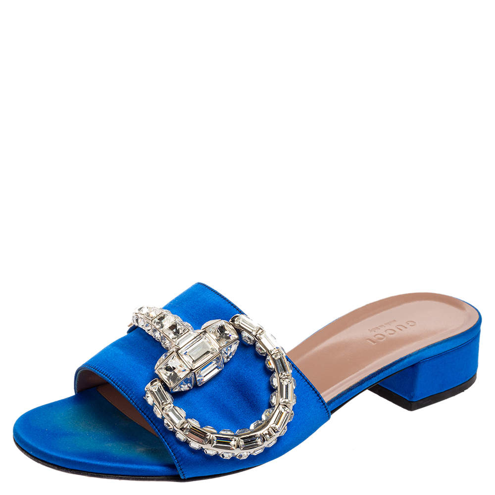 مملوكة مسبقًا Gucci Royal Blue Satin Maxime Crystal Horsebit Slide Sandals Size 37