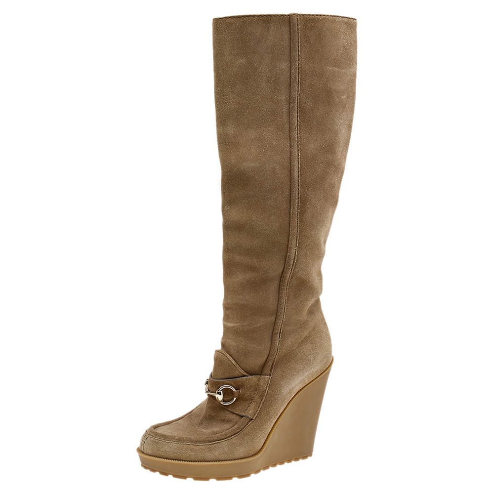 Pre Owned Gucci Beige Suede Wedge Knee Length Boots Size 38