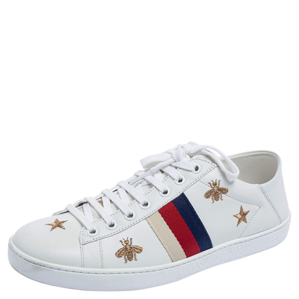 Gucci White Leather Ace Bee And Stars Embroidered Low Top Sneakers Size ...