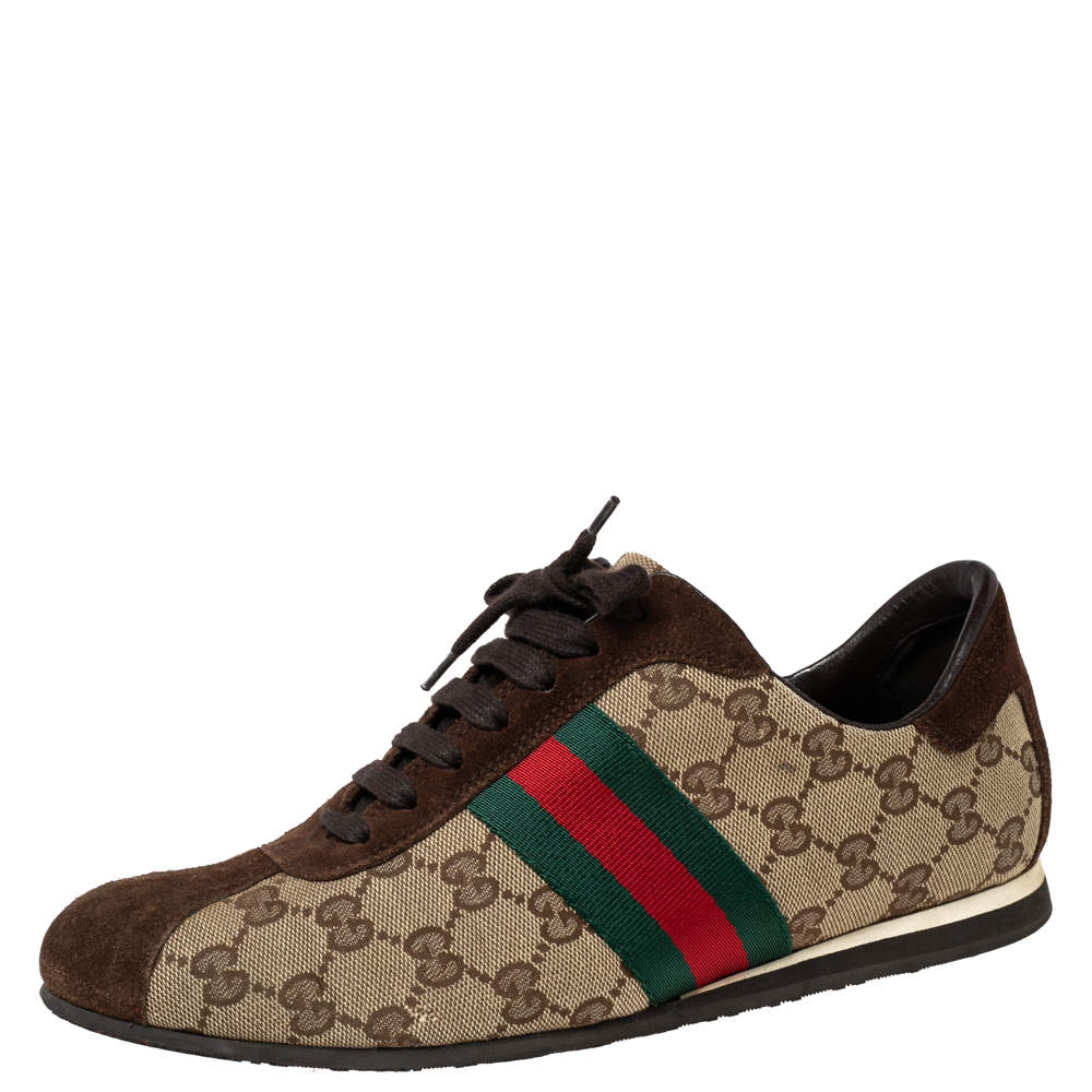 Pre Owned Gucci Brown/Beige GG Canvas And Suede Web Low Top Sneakers Size 39