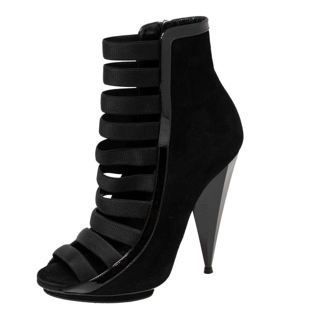 Pre Owned Gucci Black Suede and Patent Leather Olimpia Cage Ankle Booties Size 38.5