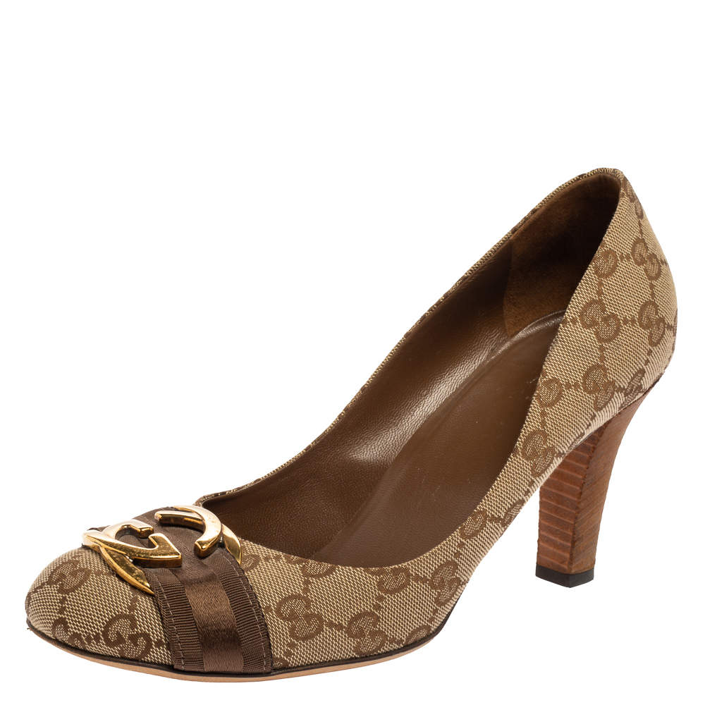 Pre Owned حذاء كعب عالي غوتشي كانفاس جي جي  بيج / بني بإبزيم جي  متشابك مقاس 39