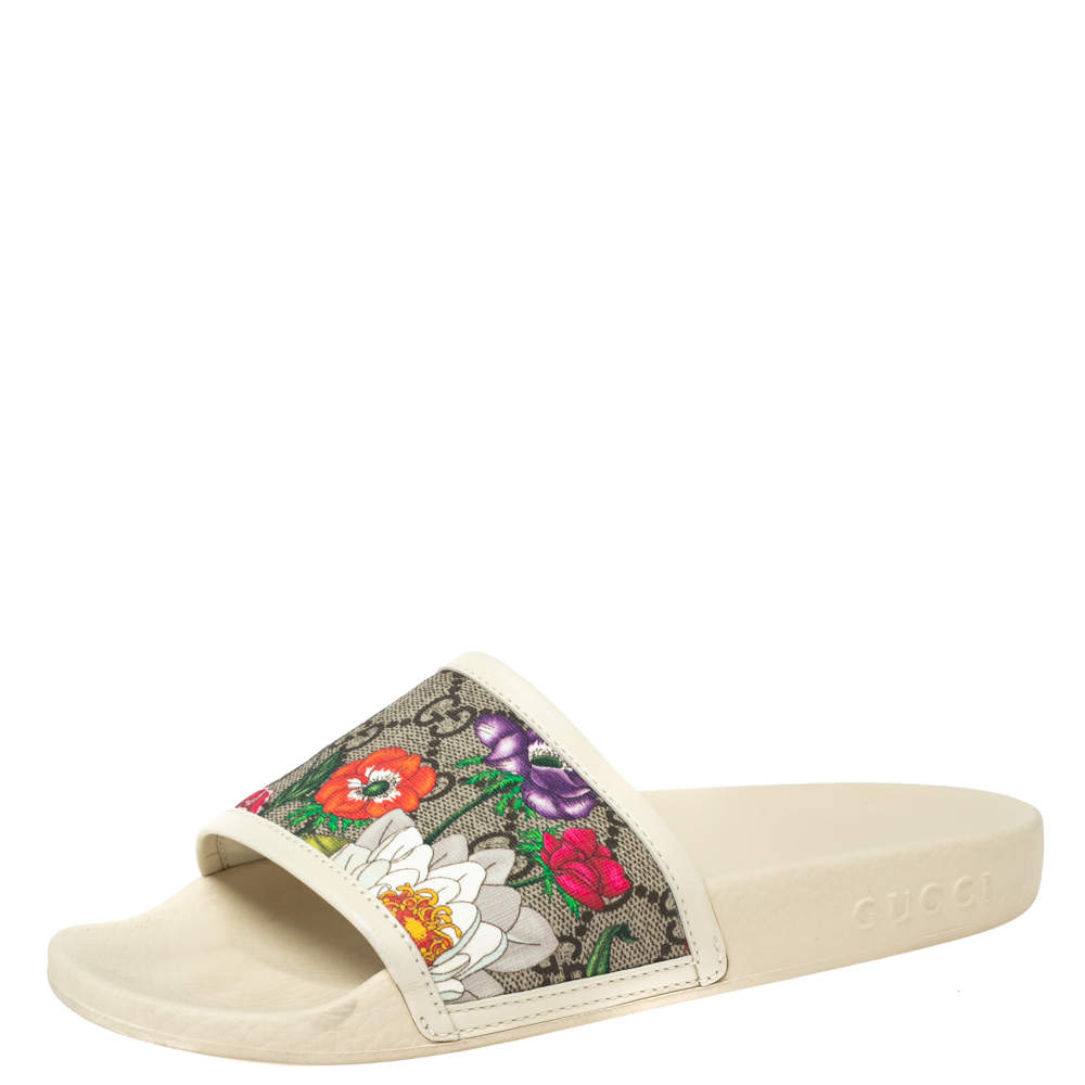 Pre Owned Gucci Beige/Brown GG Supreme Canvas Blooms Flat Slides Size 36