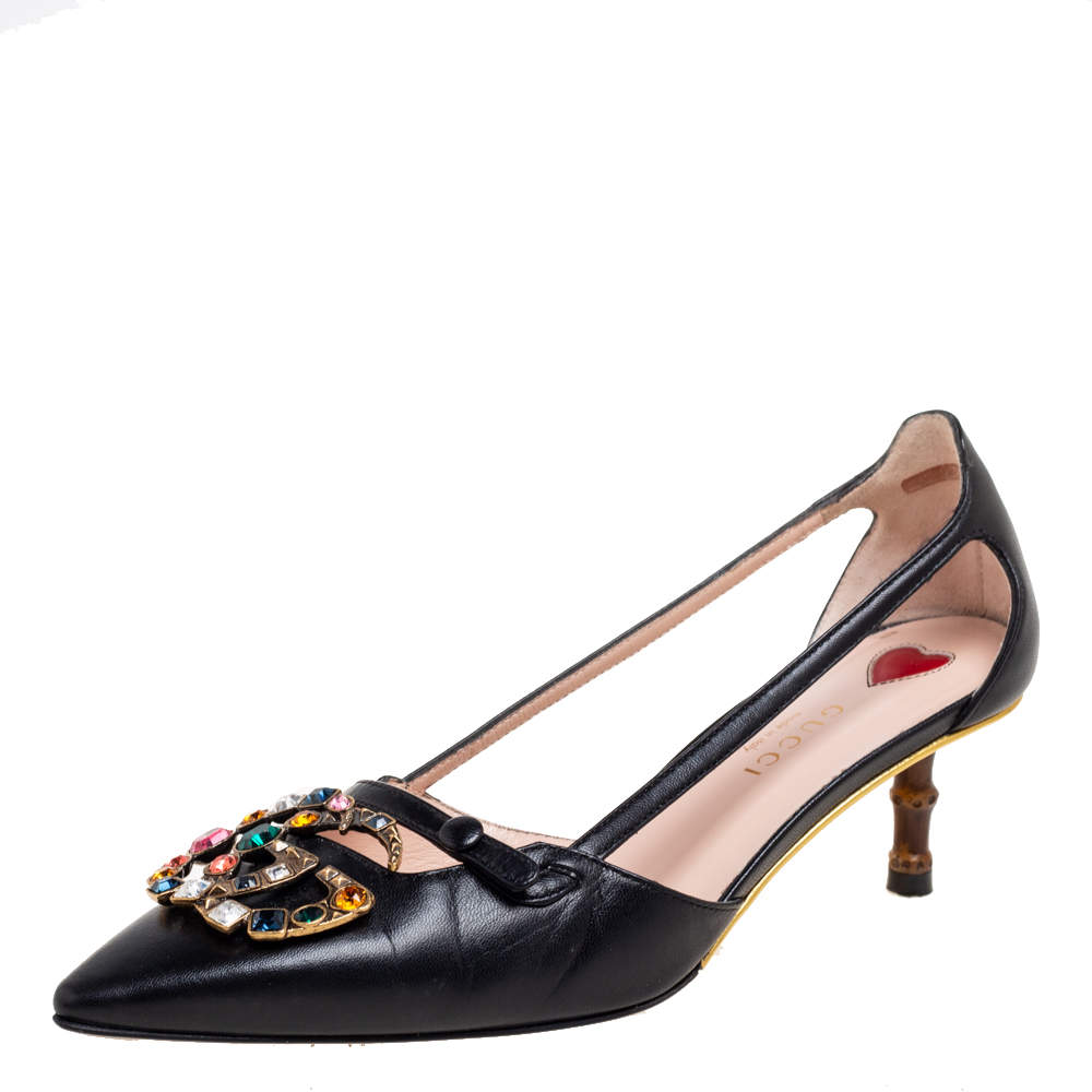 Pre Owned Gucci Black Leather GG Crystal Bamboo Heel Unia Pumps Size 35.5