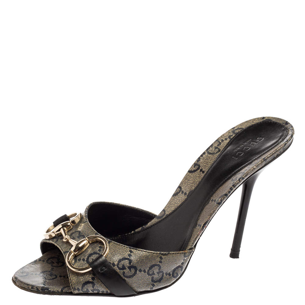 مملوكة مسبقًا صندل سلايد غوتشي مقدمة مفتوحة هورسبيت كانفاس سوبريم جي جي كحلي / رمادي مقاس 37.5