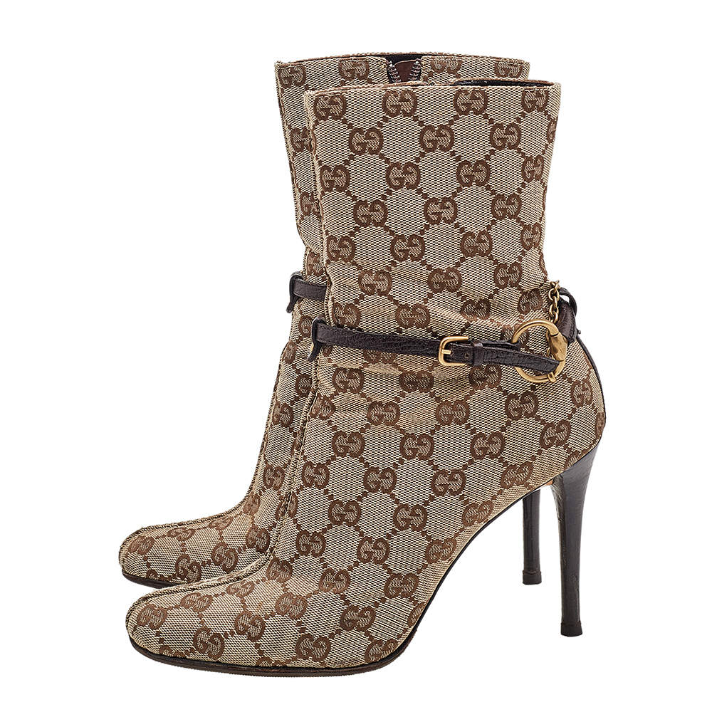 Gucci Beige/Brown GG Canvas And Leather Horsebit Ankle Boots