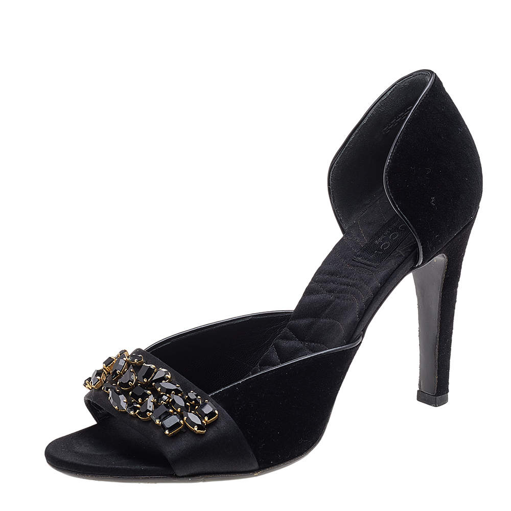 مملوكة مسبقًا Gucci Black Velvet And Satin Embellished Open Toe D'orsay Pumps Size 41