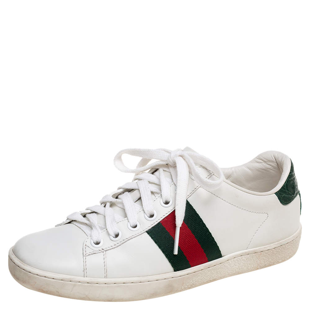 Pre Owned Gucci White Leather Web Ace Sneakers Size 34.5
