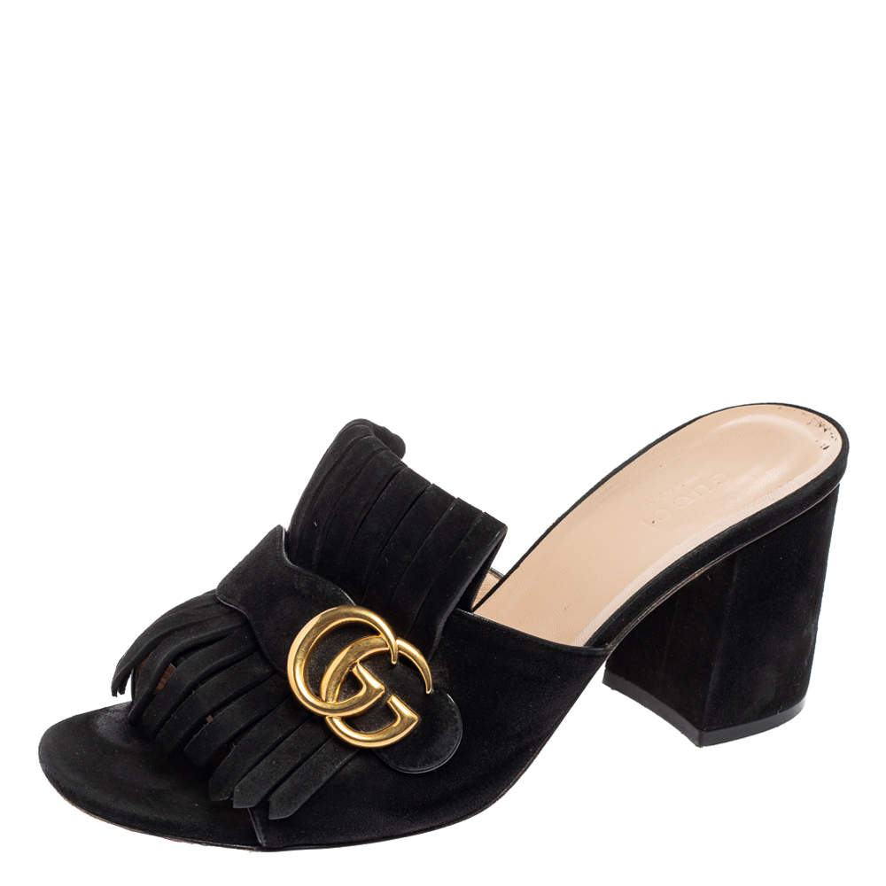 Pre Owned صندل سلايد غوتشي جي جي مارمونت سويدي أسود بشراشيب مقاس 39.5