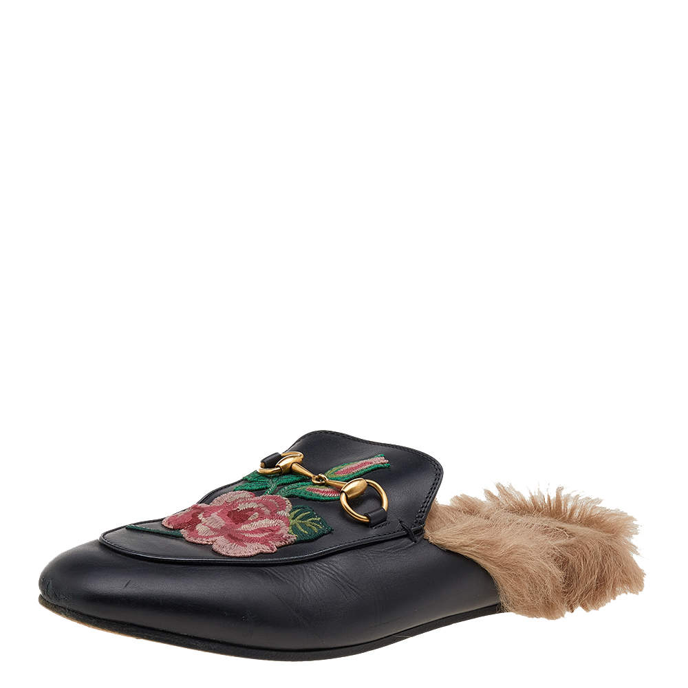 Pre Owned Gucci Black Floral Embroidered Leather Fur Lined Princetown Horsebit Flat Mules Size 39