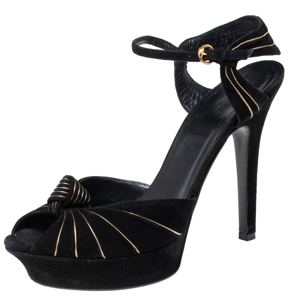 Pre Owned Gucci Black Suede Kelly Knot Platform Sandals Size 41