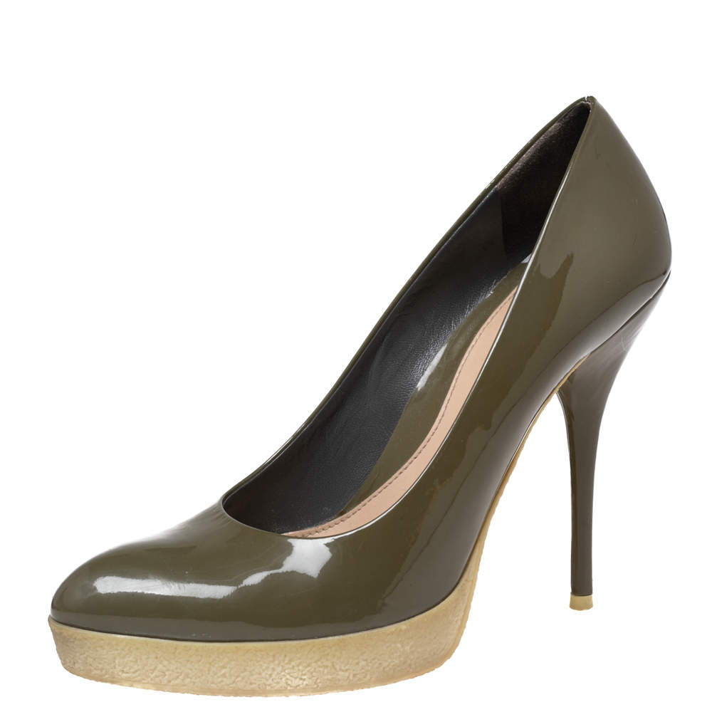 Gucci Olive Green Patent Leather Platform Pumps Size 38
