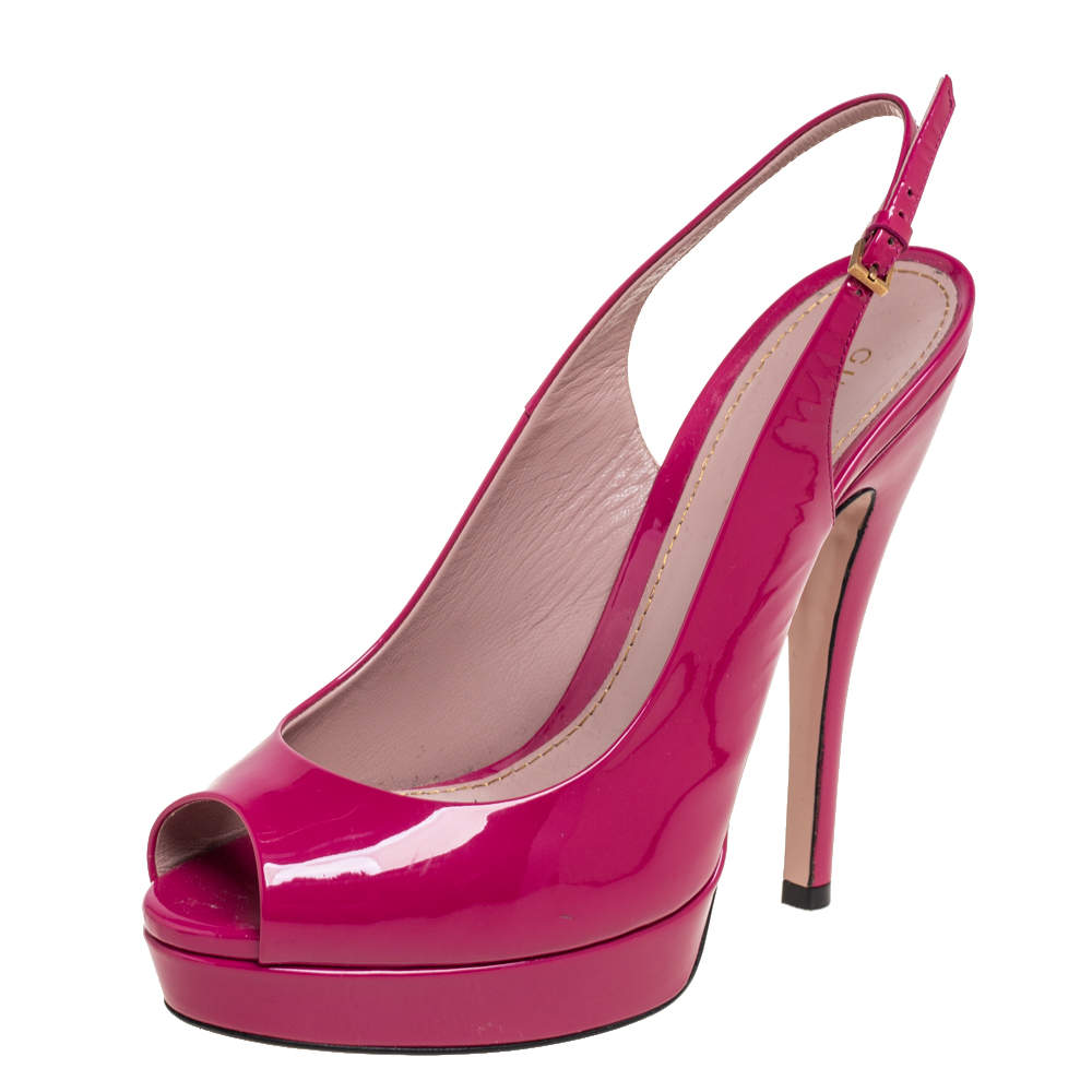 Gucci Magenta Patent Leather Peep-Toe Platform Slingback Pumps Size 38