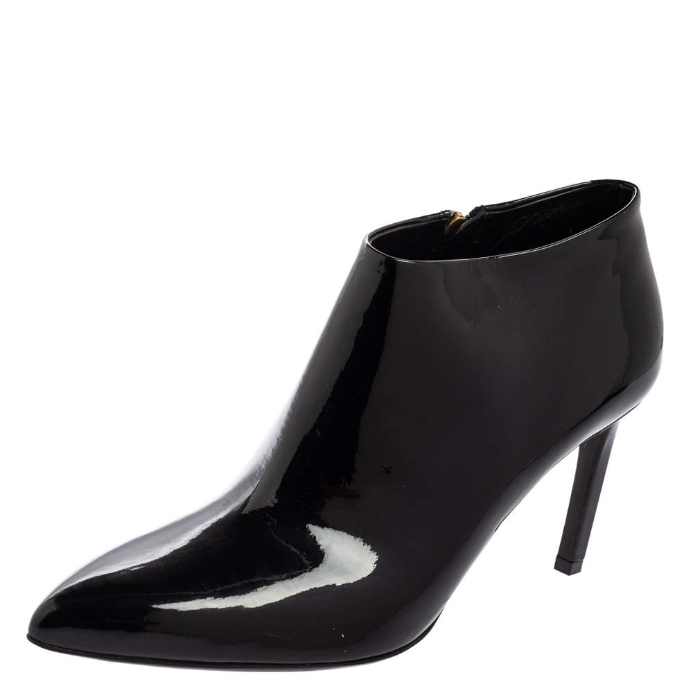 Pre Owned Gucci Black Patent Leather Pointed-Toe Ankle Booties Size 38