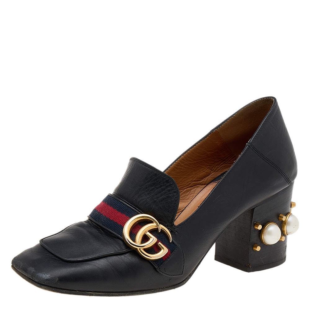 مملوكة مسبقًا Gucci Black Leather Peyton GG Web Detail Pearl Studded Pumps Size 40