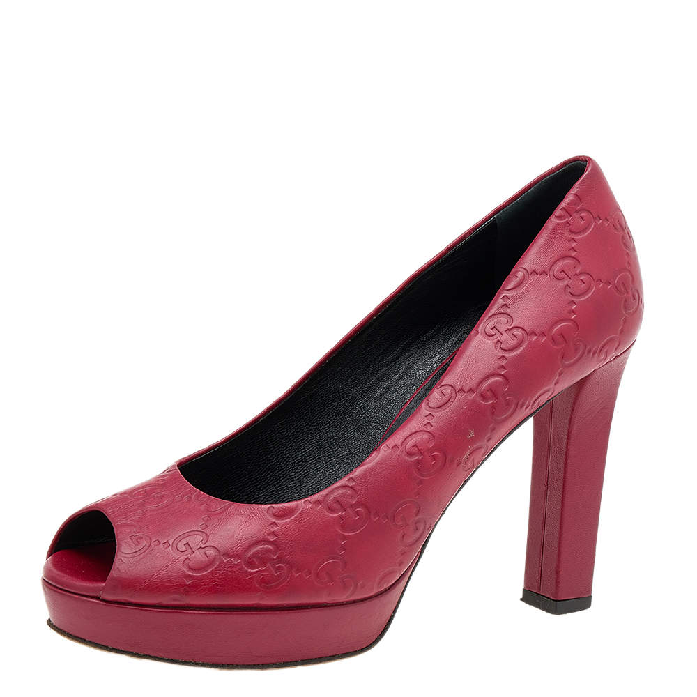 Gucci Red Guccissima Leather Peep Toe Platform Pumps Size 37.5